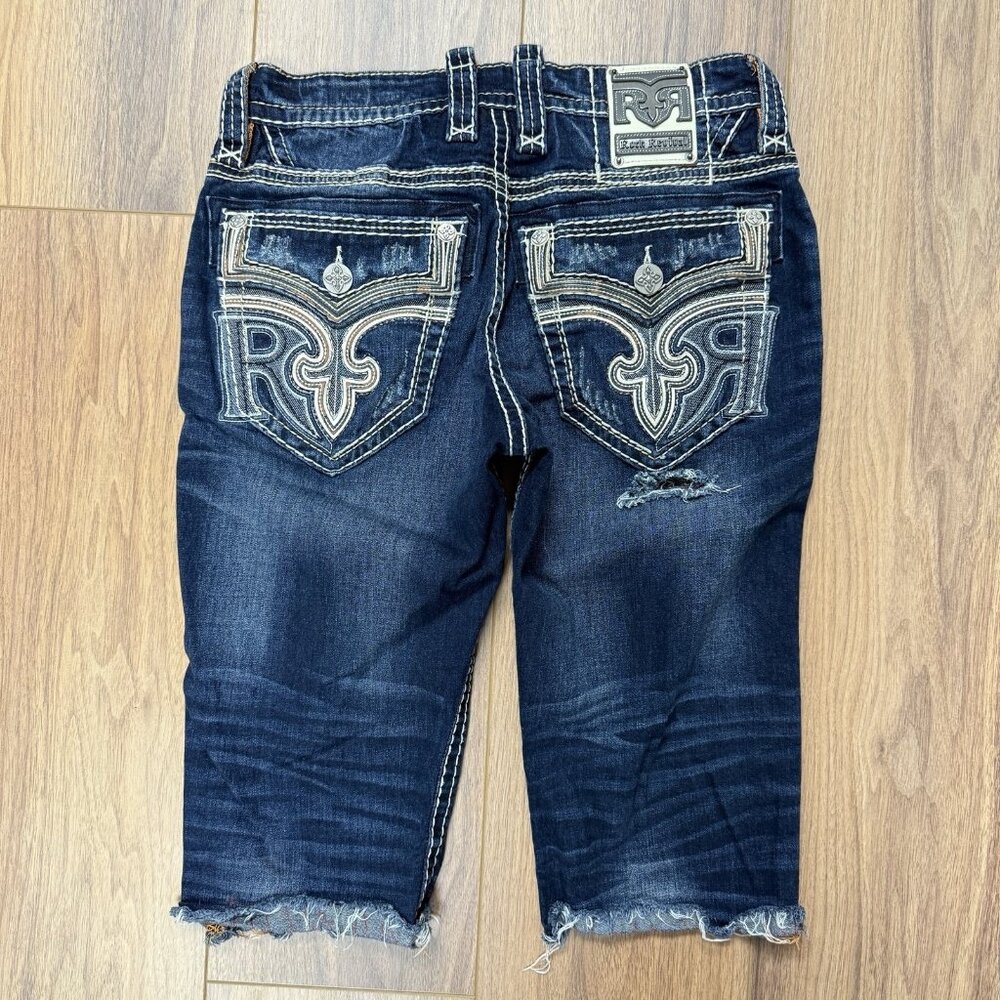 Rock Revival Dark Blue Distressed Denim Shorts with Embroidered Back Pockets
